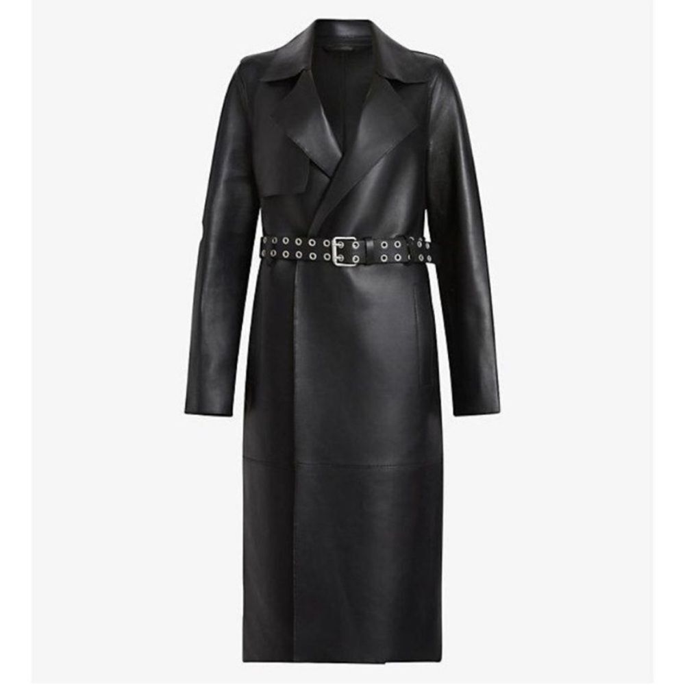 All Saints Farren Leather Belted Long Black Trench Coat Goth Grunge Moto 6 NEW - Picture 3 of 16